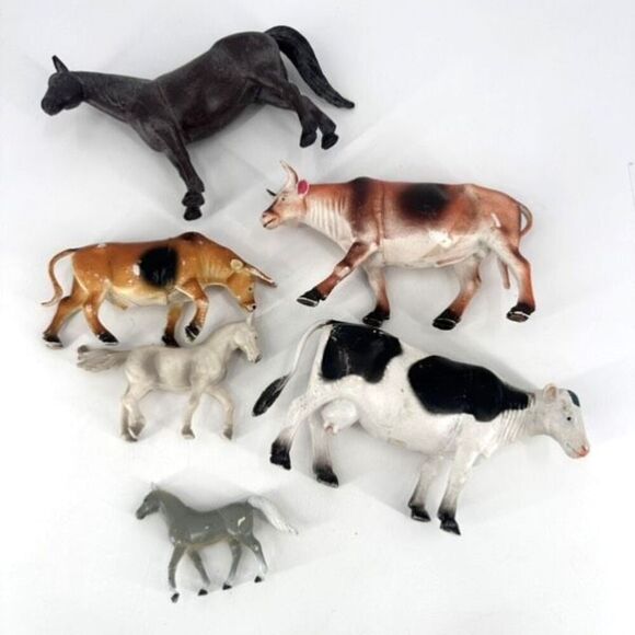 Vintage 1980s IMPERIAL Horse Dark Brown Cows Bull Figures Group of 6 Barn Animal - Picture 1 of 16